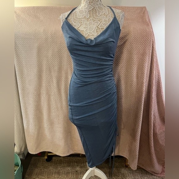 J Lux Label Blue Stretch Cowl-neck MIDI Dress - Picture 1 of 8